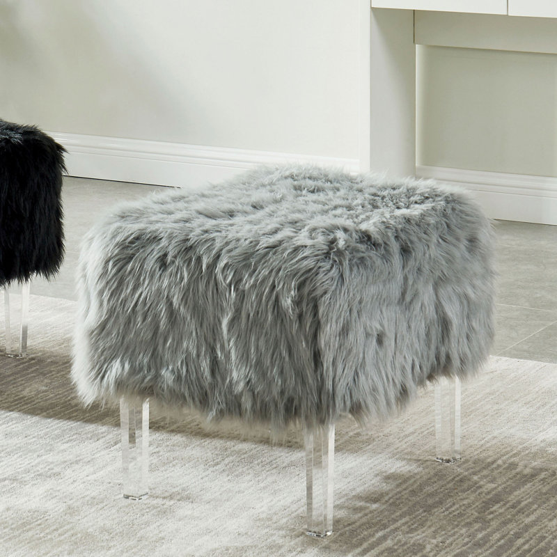 Natalia Upholstered Ottoman, Gray Faux Fur