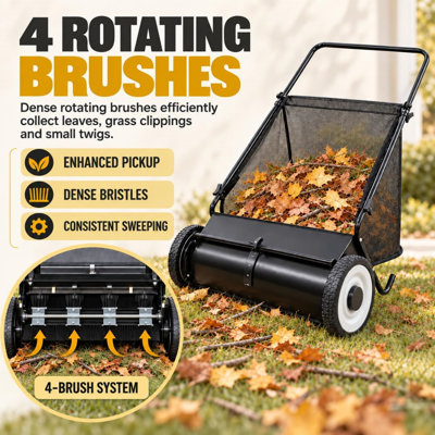 Push Lawn Sweeper 26" Manual Leaf & Grass Collector, Heavy-Duty Steel Frame with 4 Rotating Brushes & 7 Cu. Ft. Hopper Bag, Adjustable Height Yard Sweeper for Driveway, Sidewalk & Lawn
