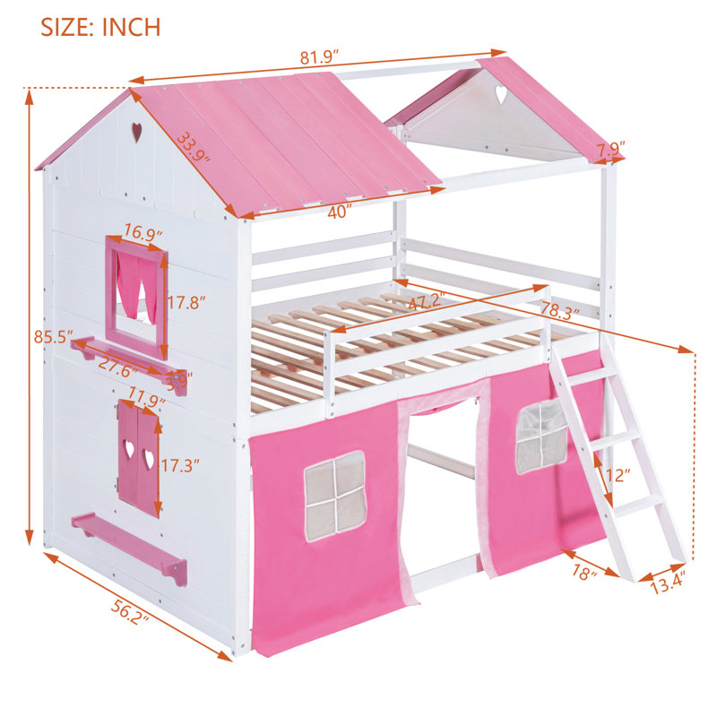 Low House Style Bunk Bed With Roof, Full , White/Pink