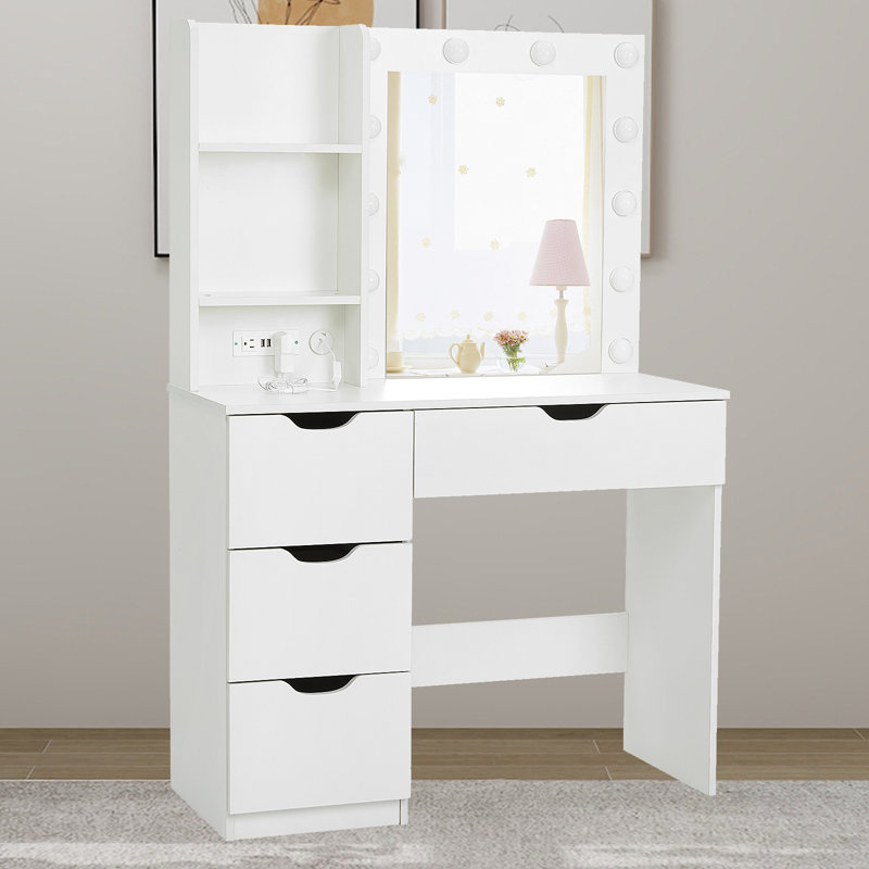 Coiffeuse de 35 po avec miroir à DEL et prise de courant intégrée, meuble-lavabo à 4 tiroirs avec 3 tons de lumière réglables pour la chambre à coucher et le studio de maquillage professionnel