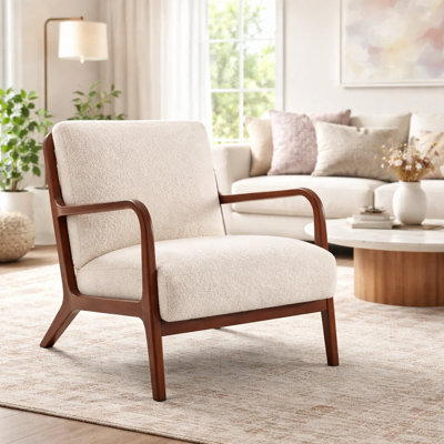 29.75" Mid-Century Modern Accent Chair – White Sherpa Upholstery with Walnut Wood Frame