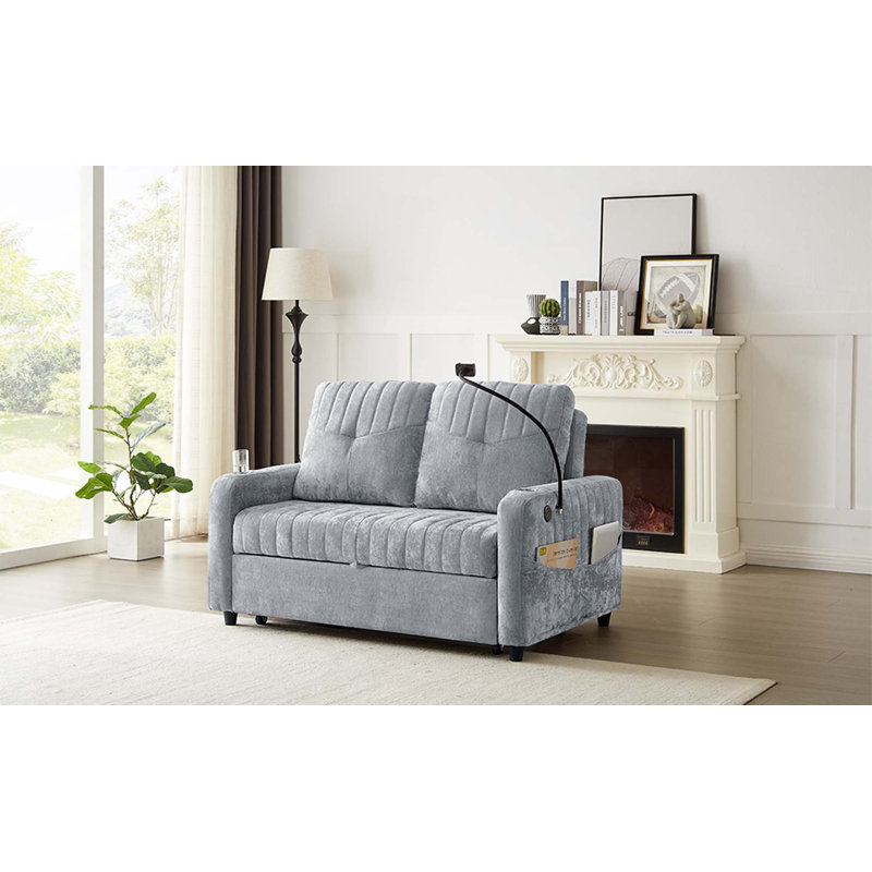53.9" Modern Loveseat Pull-out Sofa Bed with Adjustable Backrest,Two Cup Holders,a Phone Holder,Three Charging Ports and Side Storage Pockets for Living Room