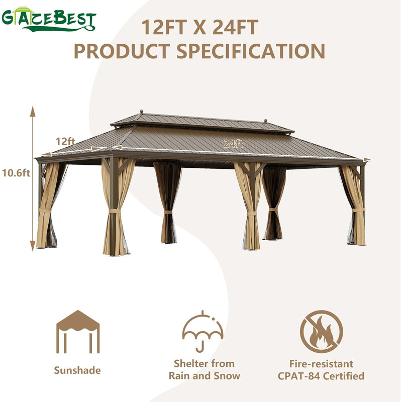 12 ft x 24 ft Hardtop Gazebo Outdoor Aluminum Patio Gazebo Double Roof Galvanized Steel Canopy With Netting And Curtains For Garden, Backyard,deck And Lawns Variant Product Name