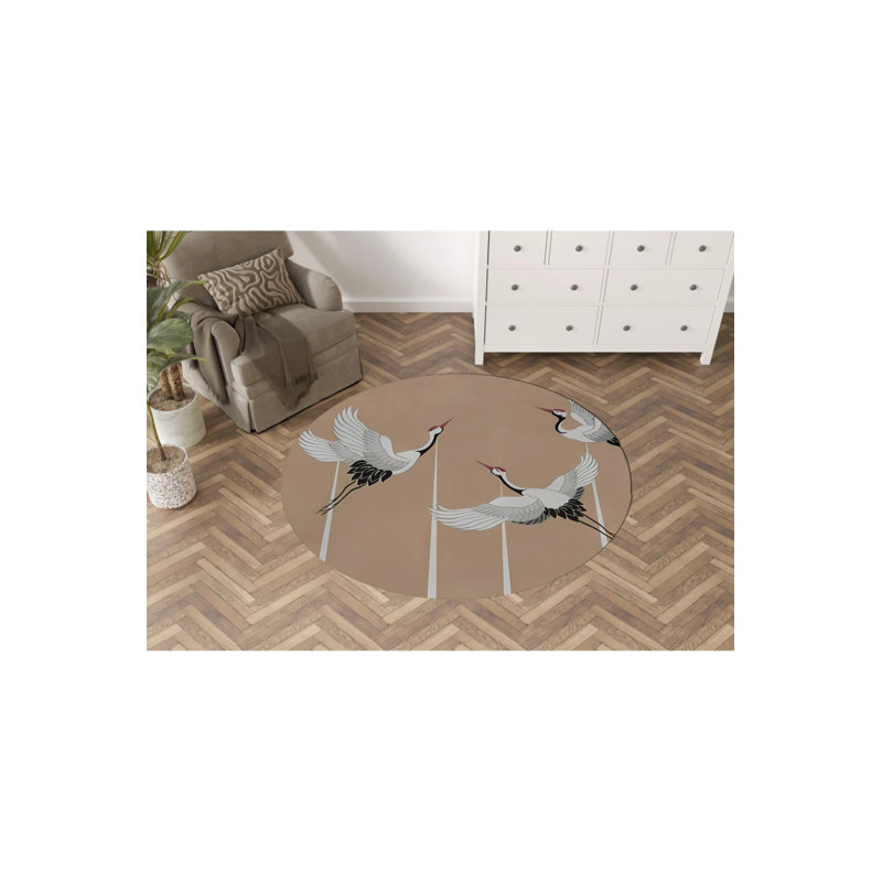 Beige Themed Stork Patterned Modern Woven Base Round Decorative Carpet, Round 4'