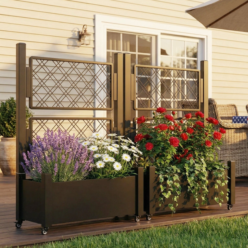 Boîte à fleurs en métal avec treillis et roues H 50 po x l 38 po x P 14 po, pot à fleurs robuste pour plantes grimpantes, légumes et vignes, écran d'intimité, noir, installation rapide en 5 minutes