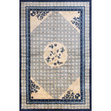 Vintage Mid Century White and Blue Chinese Wool Pile Peking Area Rug