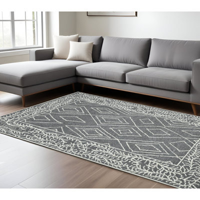 Tapis géométrique crocheté à la main 9 pi x 13 pi en laine gris et ivoire