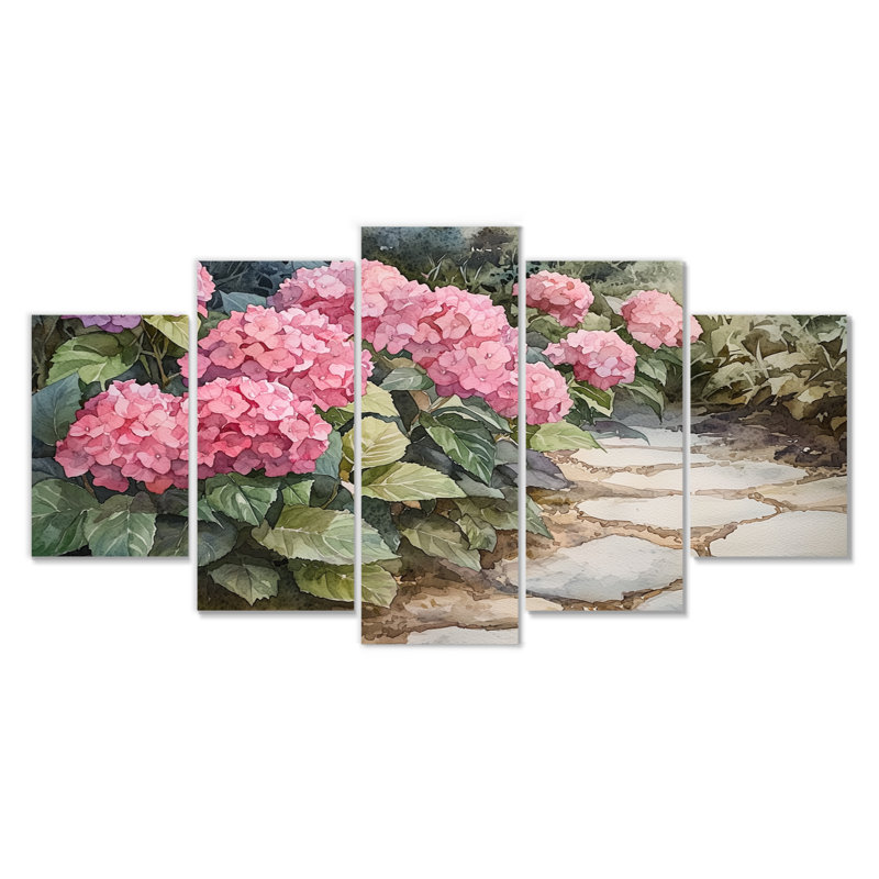 Hortensias dans l'allée de jardin monochrome I - Art mural hortensia - Art mural traditionnel, H 32 po x l 60 po, 5