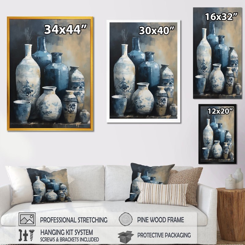 «Kelland Blue and Cream Bohemian Vibes Pottery IV», reproduction sur toile, H 44 po x l 34 po x P 1,5 po, Cadre photo noir