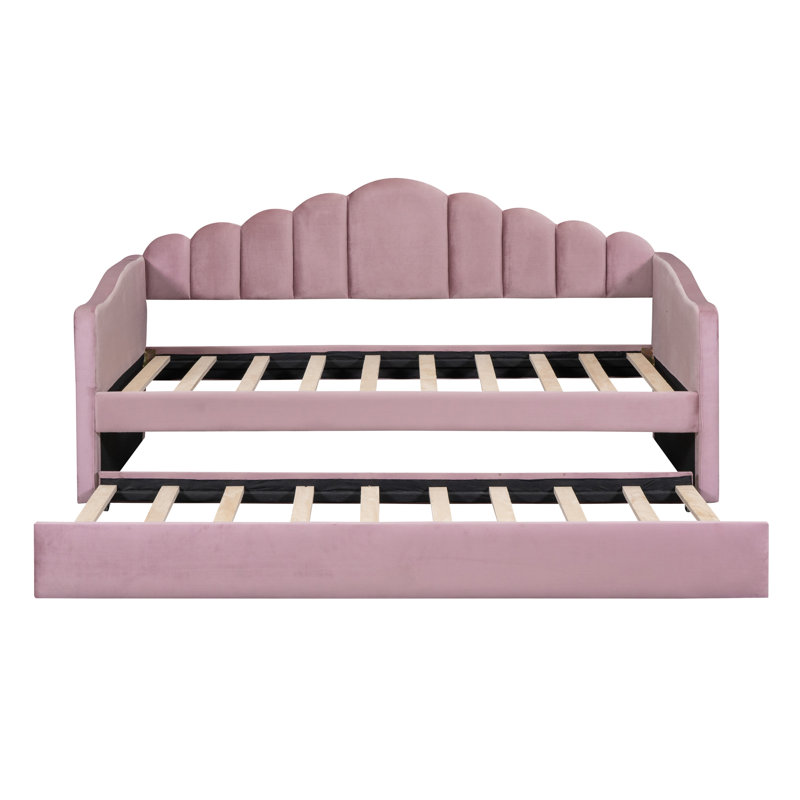 Twin Size Upholstered Daybed With Trundle ,Velvet Sofabed With USB Charging Ports,No Box-Spring Needed,Pink, Pink
