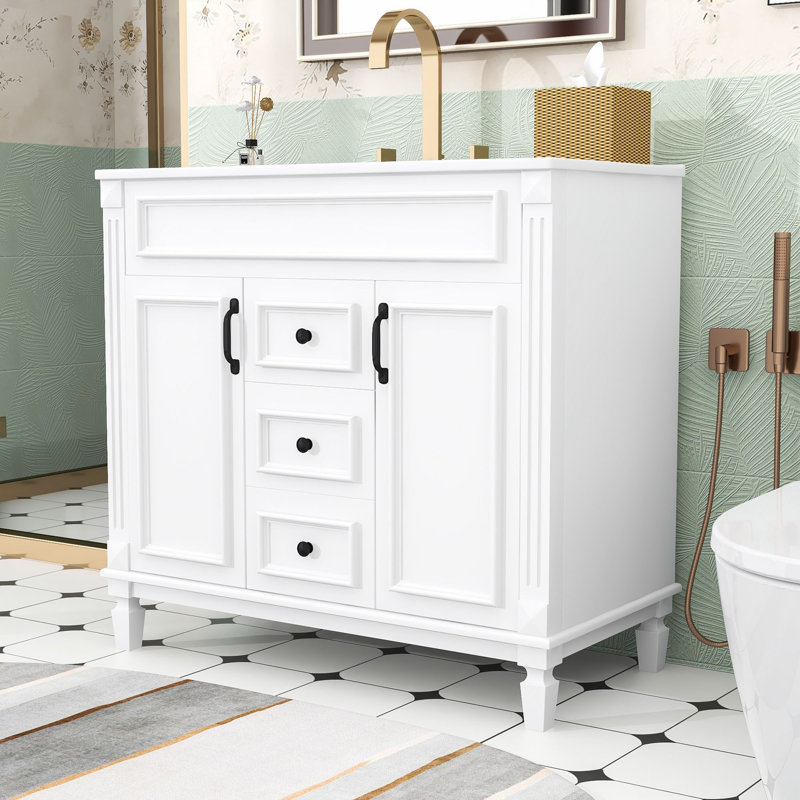Ensemble de meuble-lavabo simple autoportant avec lavabo et rangement Elliesha, Blanc