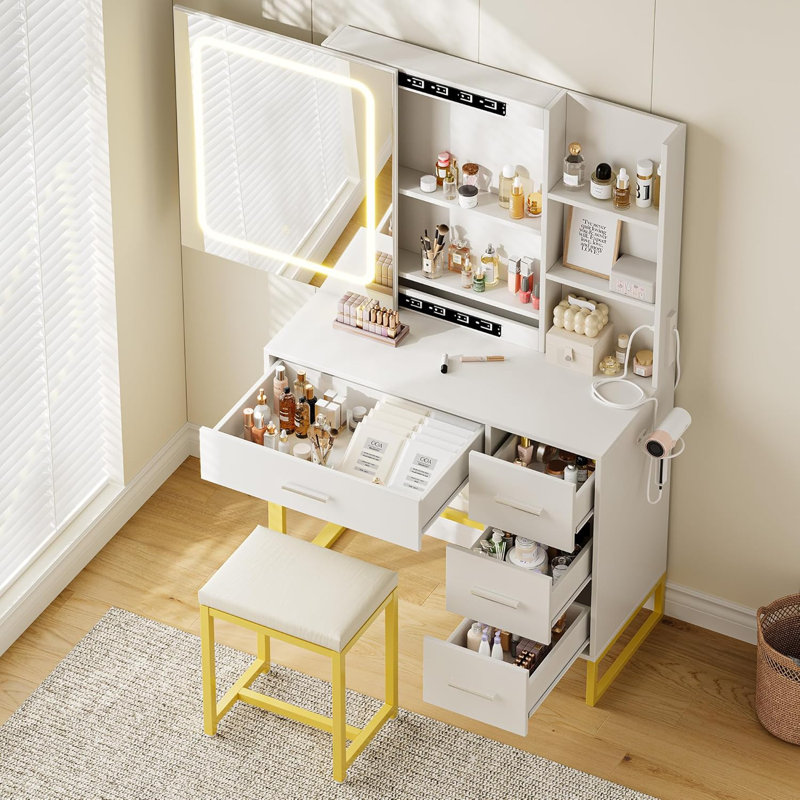 Modern Makeup Vanity Table with LED Lights, Sliding Mirror, 4 Drawers, Stool, Power Outlet, and Open Shelves – Bedroom Dressing Table with Adjustable Lighting