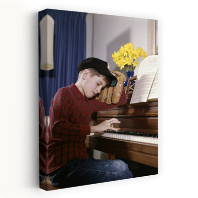 1960s ANNOYED LOOKING BOY WITH BASEBALL CAP AND GLOVE PRACTICING PIANO LESSON MITT IMPATIENT RESPONSIBILITY PRIORITY 1 Piece Wrapped Canvas Wall Art