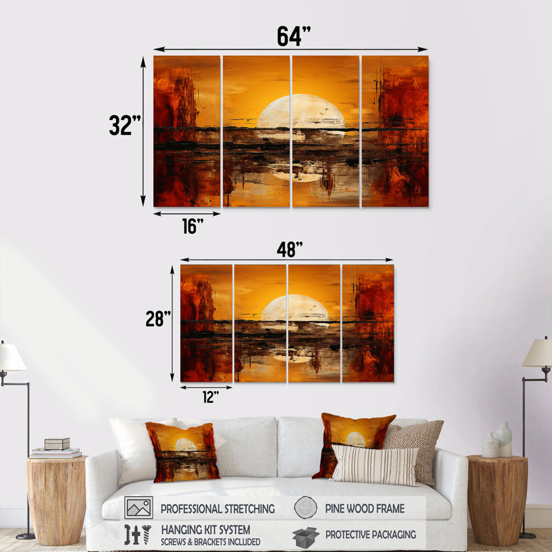«Moon Sunset Farmhouse Meadow» - ensemble d'art mural 4 pièces, H 28 po x l 48 po
