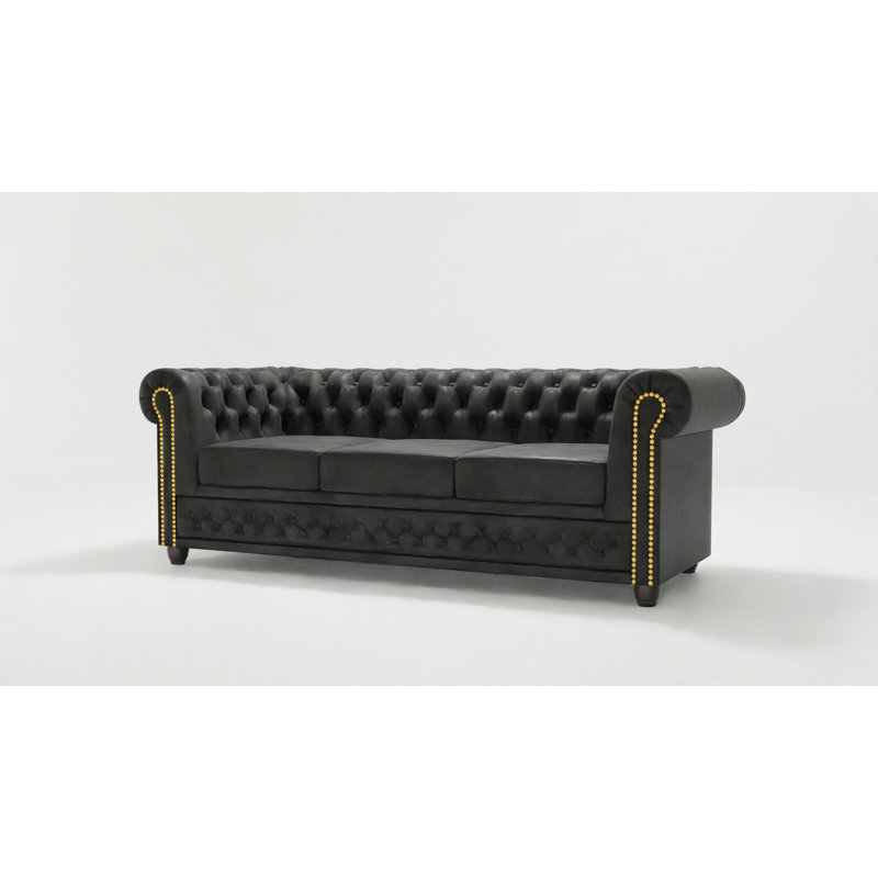 Chesterfield Friedrich 3 Seater Sofa Made of Vintage Look Microfibre with Solid Wood Legs, Anthracite