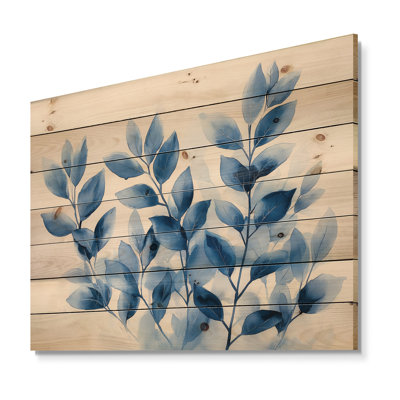Soft Leaves In Hazy Blues Watercolor I - Plants Wood Wall Art - On Natural Pine Wood