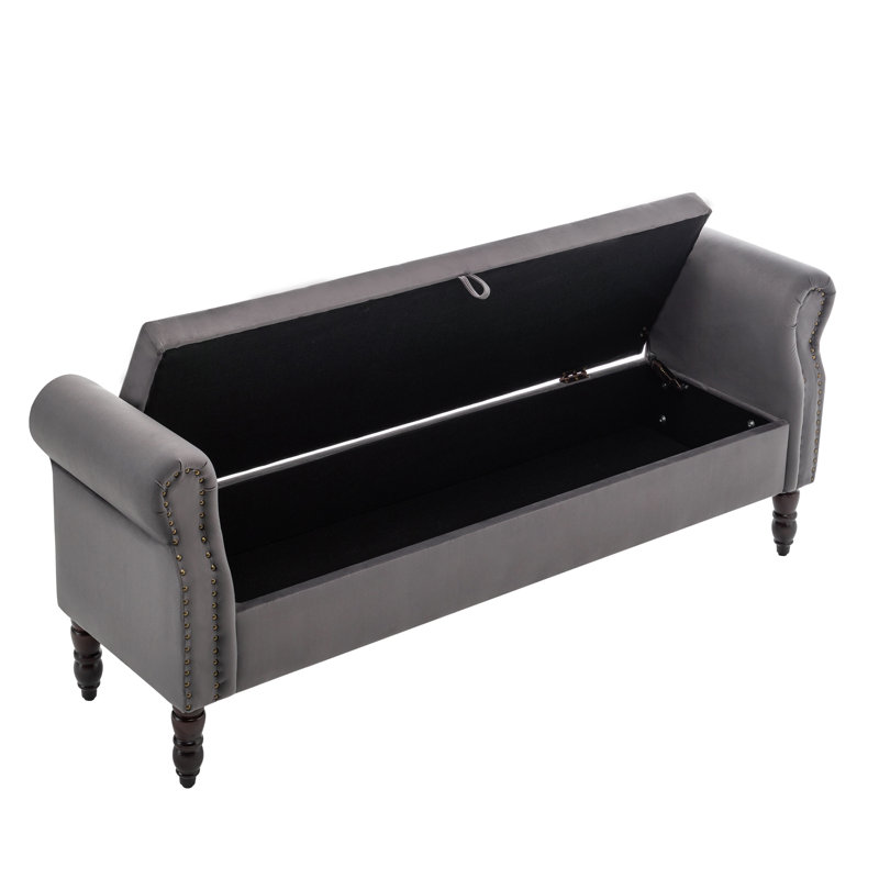 Banc de rangement en velours avec accoudoirs Minaal, H 26,4 po x l 66,9 po x P 16,9 po, Gris foncé