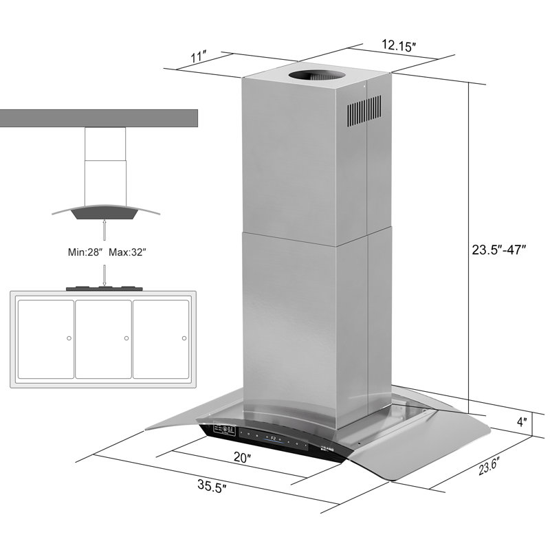 Hotte îlot convertible Brano de 36 po avec 2 filtres à charbon - Hotte de cuisine 900 pi³/min avec commandes vocales, gestuelles, tactiles et à distance et 4 lumières DEL
