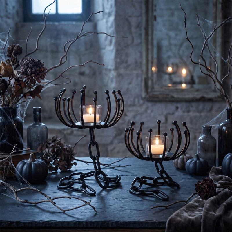 Décoration d'Halloween - Ensemble de 2 bougeoirs en métal noir, toile d'araignée gothique, centre de table, décoration pour fête d'Halloween ou maison hantée