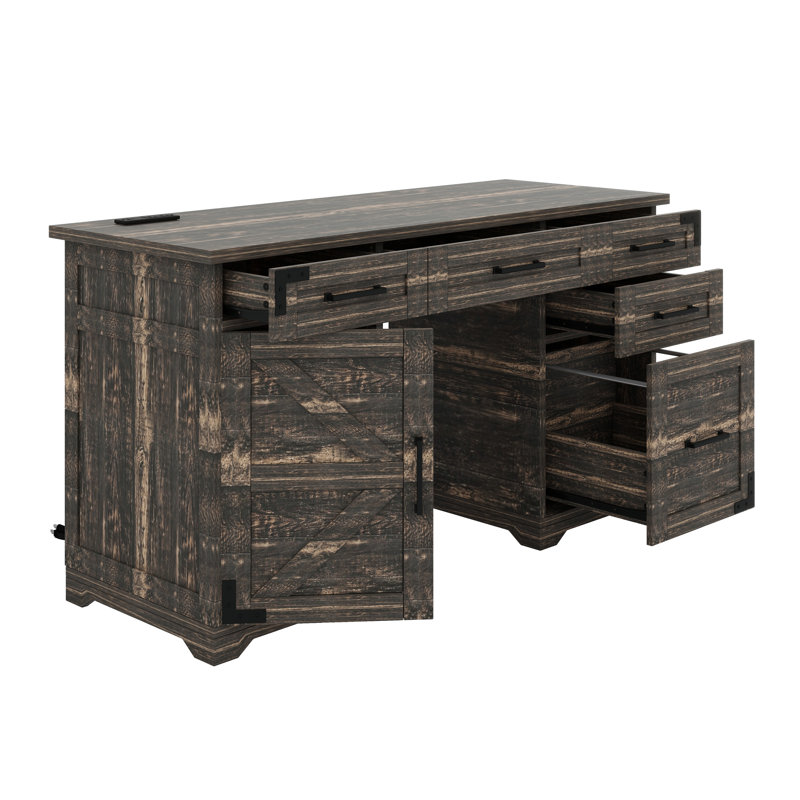 Bureau de direction Farmhouse avec station de charge intégrée, prises de courant et tiroir-classeur, Rustic Gray