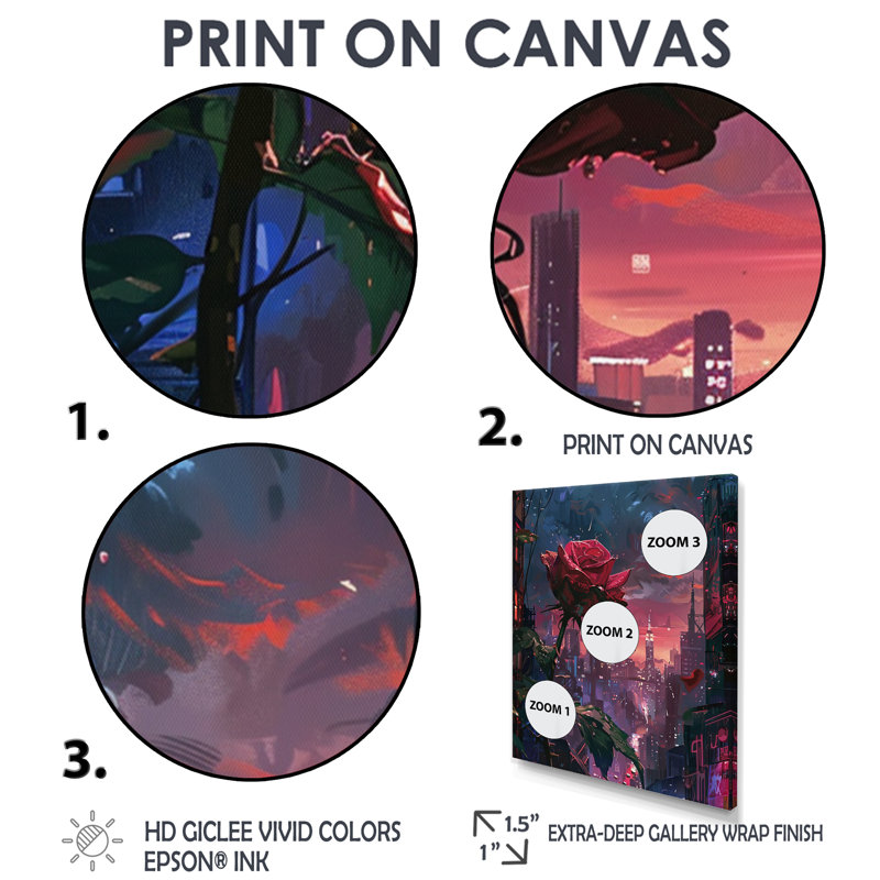 Rose rouge, coucher de soleil urbain II, art mural salon rose, Toile tendue, H 20 po x l 12 po x P 1 po
