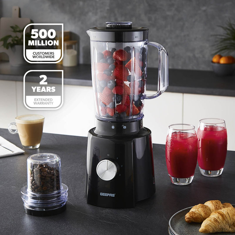 GEEPAS 2-in-1 Food Jug Blender | 1.6L Juice Jar 100G Mini Coffee Spice Grinder 4-Leaf Stainless-Steel Blades 3 Speed & Pulse Safety Lock | Smoothie Maker for Ice Crushing | 2 Year Warranty 650W