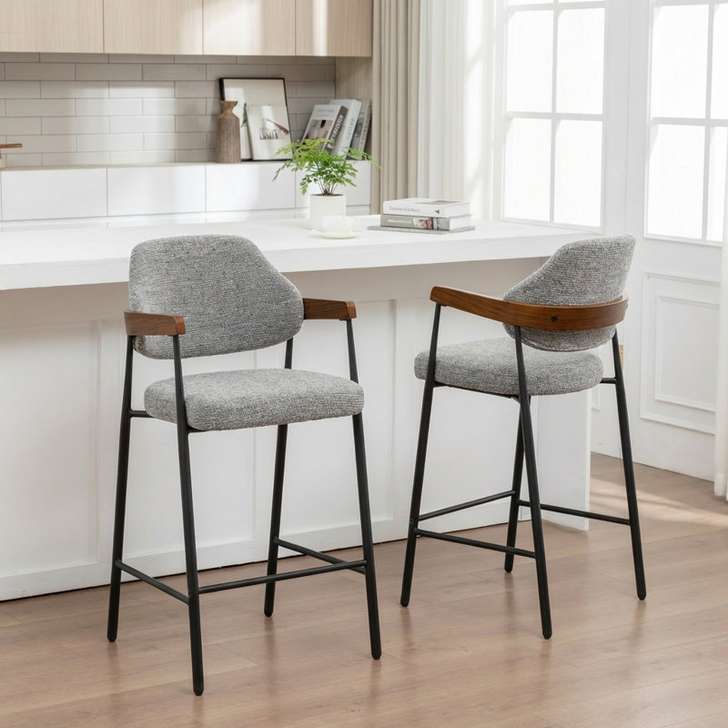 Tabouret de comptoir rembourré avec accoudoirs Devane, Gris