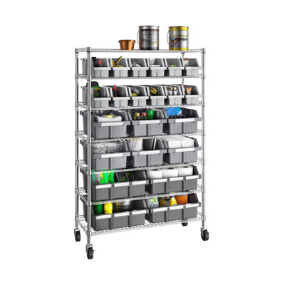 36" W NSF-Certified Commercial 7-Tier 22-Bin Storage Rack with Wheels