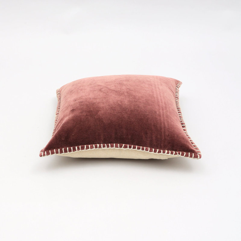 Throw Pillow | Stonewashed Cotton Velvet Throw Pillow with Decorative Handstitched Edges-18X18", Russet