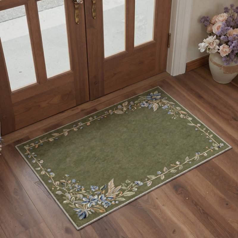 Abrahamson Florora Floral Machine Washable Green Indoor Area Rug with Non-Slip Backing, Round 5'