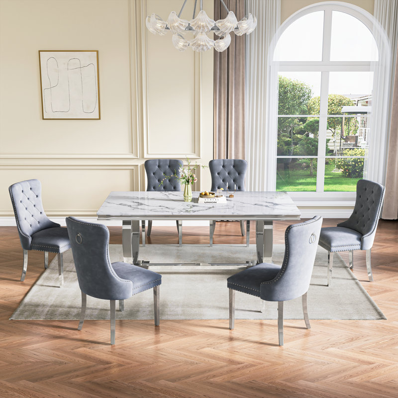 Rectangular 70.1"L X 35"W Dining Set, Gris/argent, Blanc / argenté, 7 pièces : table, 6 chaises
