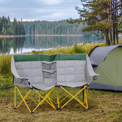 Loveseat Style Camping Chair, Oversized Folding Lawn Chair With Carry Bag & Cup Holders, For Outdoor, Beach, Picnic, Hiking, Travel, Green & Gray