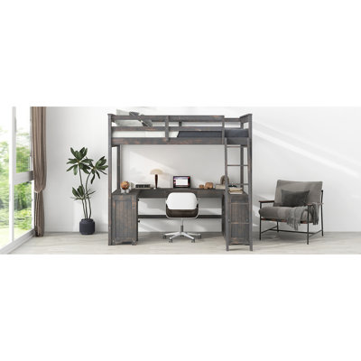 Antique Brown Full Size Loft Bed With U-Shaped Desk And Plentiful Cabinet Space - Stable Wood Construction In Desk, Drawers & Shelves Frame For Bedroo