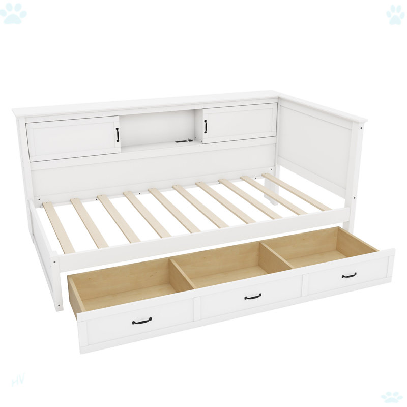 L-Shaped Bed Frame With Drawer And And Bookcase, Twin
