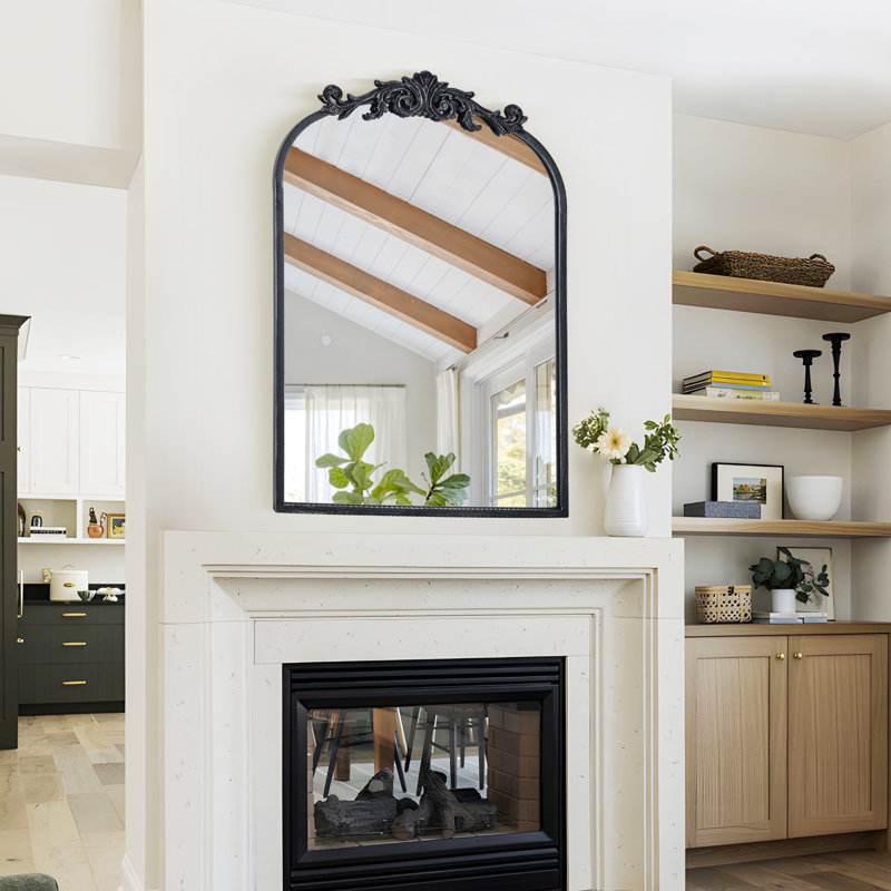 Vintage Baroque Iron Arch Wall Mirror with Beveled Glass, 36" x 24", Antique Black