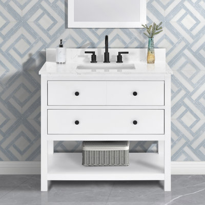 Encino 36" Single Vanity with Carrara White Quartz Top, Sink & Backsplash, Pre Assembled, 36.5" W x 21.5" D x 34.5" H