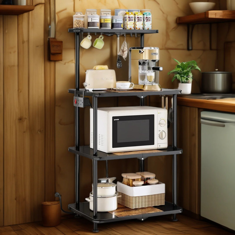 Étagère de cuisine avec prise de courant, support à micro-ondes réglable à 4 niveaux avec assemblage sans outil, multiprise intégrée et crochets pour la station de café