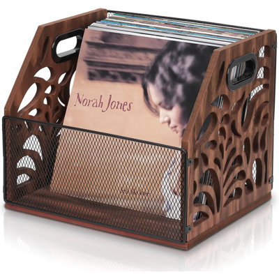 Vintage Wood Vinyl Record Storage Crate – 80-Capacity Multi-Size LP Organizer with Hollow Pattern & Metal Mesh