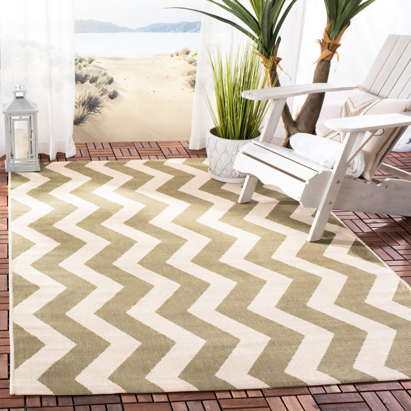 Arneshia Chevron Indoor / Outdoor Area Rug in Green/Beige, Rectangle 9' x 12'
