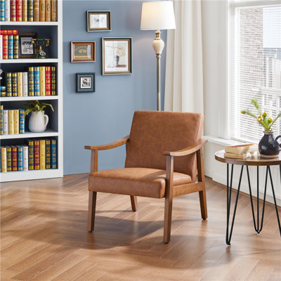 Asmat 24.5" W Mid-Century Modern Faux Leather Armchair with Solid Wood Legs