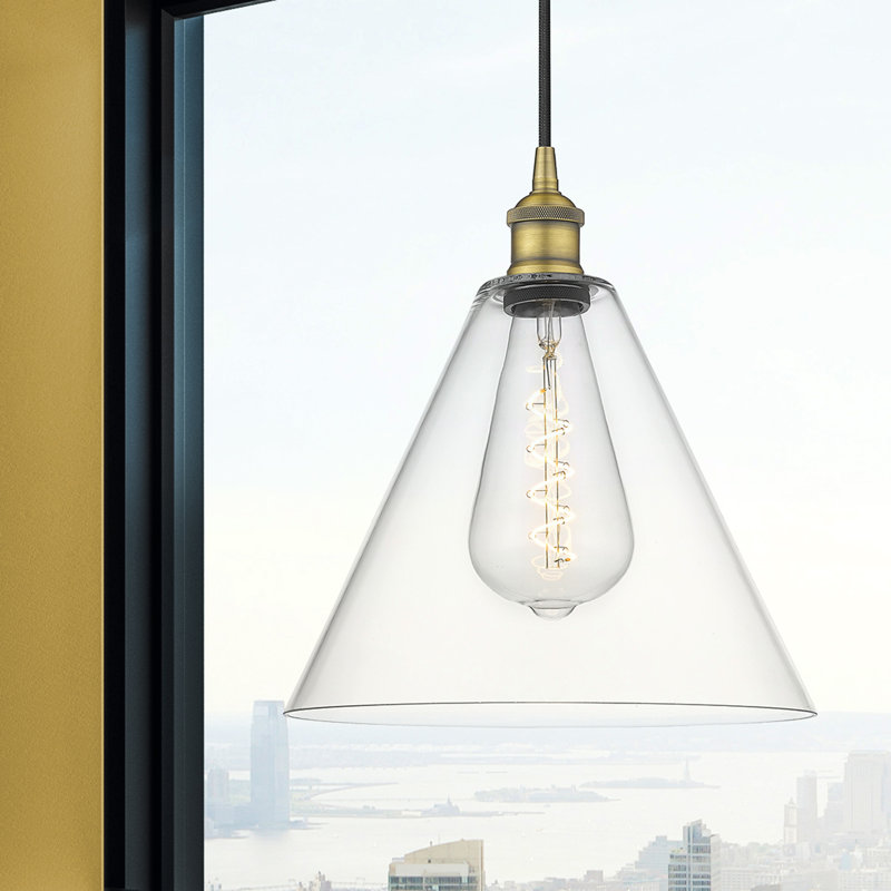 Luminaire suspendu conique à 1 lumière Bluford, H 13,75 po x l 12 po x P 12 po, Transparent, Laiton brossé