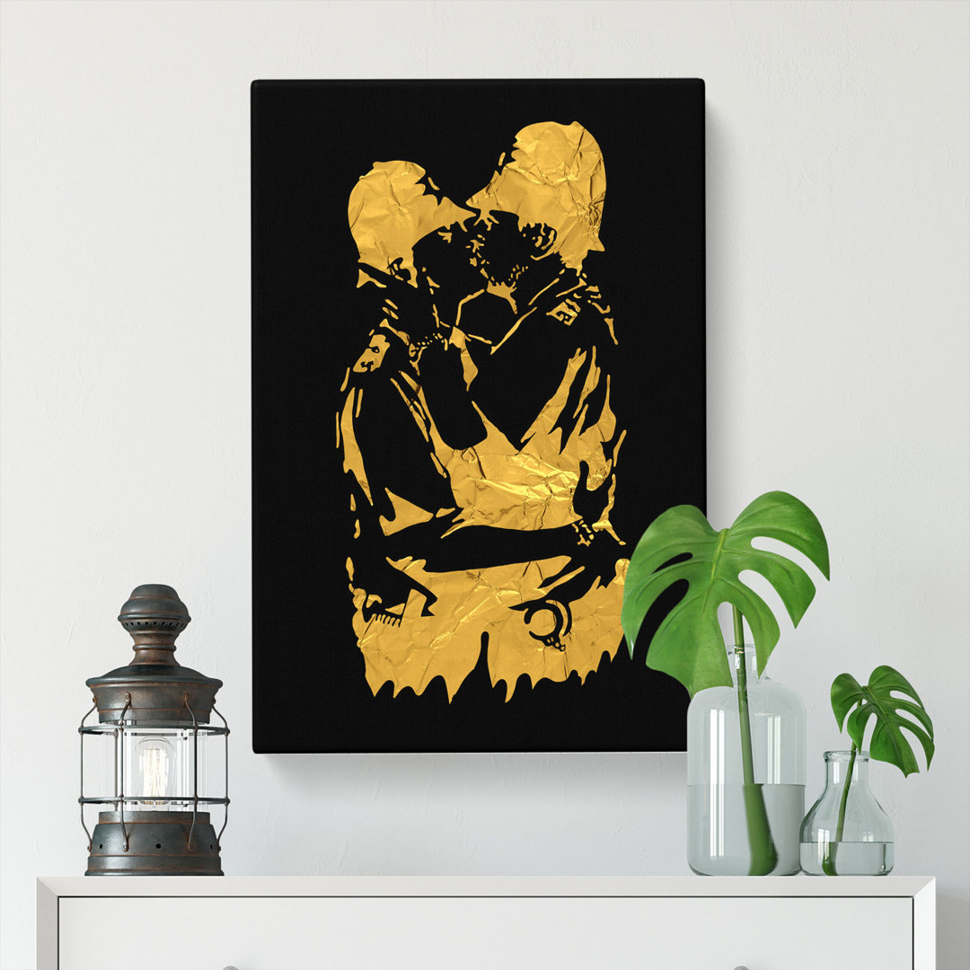 Banksy In Gold Kissing Policemen - Wrapped Canvas