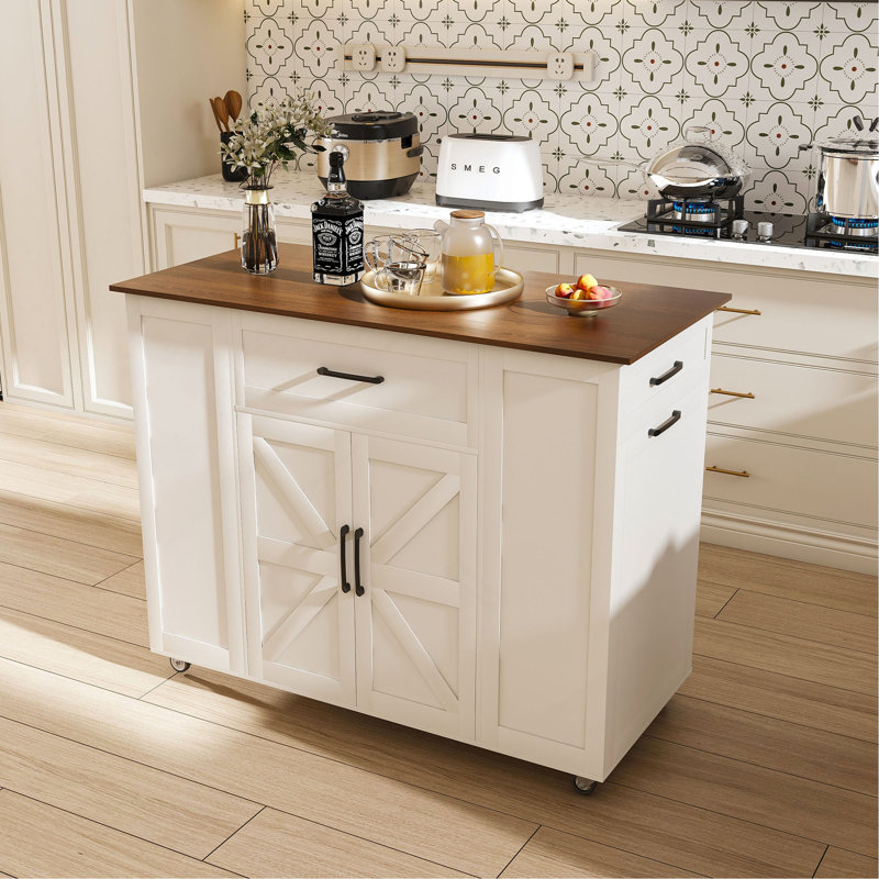 46" Kitchen Island on Wheels with Storage & Power Outlet - Movable Rustic Breakfast Bar Table, Wood Top with Adjustable Shelf & Drawer for Kitchen Dining Living Room
