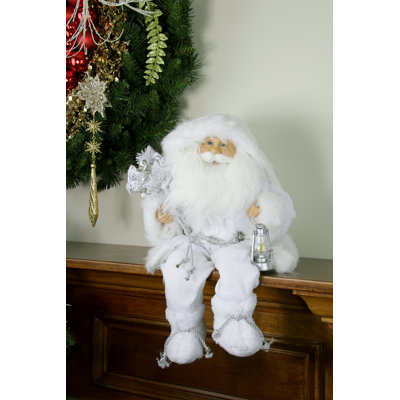 16" White Frost Sitting Santa Claus Christmas Figure with Lantern