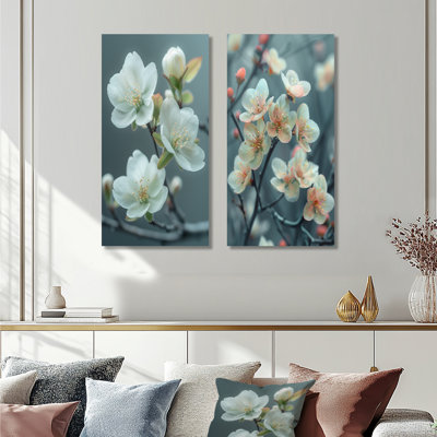 Ensemble de 2 pièces d'art mural blanc et gris Cherry Blossom Essence I
