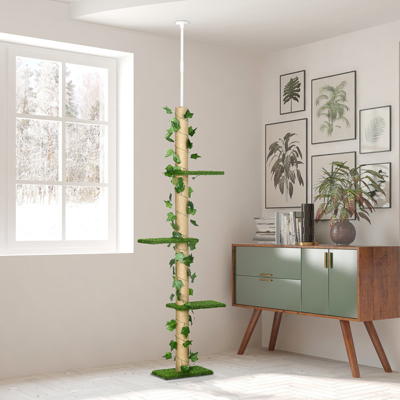 242cm Floor to Ceiling Cat Tree with Leaves Scratching Post Green