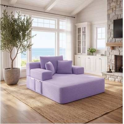 Oversized Plush Corduroy Convertible Chaise Lounge Sofa Bed with Storage Pockets and 6 Pillows, Purple