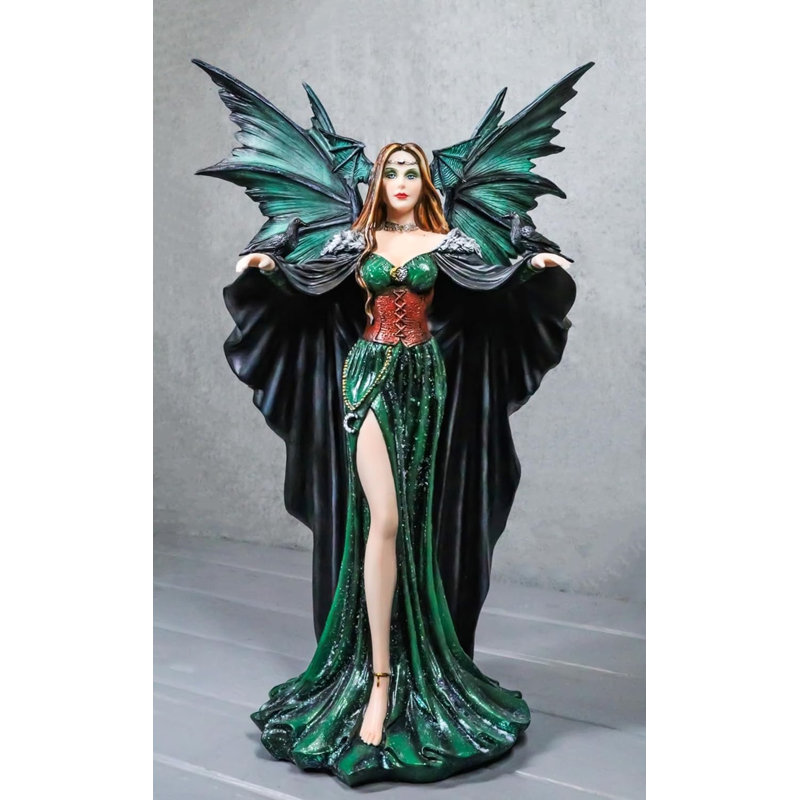 Grande statue de fée grand dragon gothique en robe longue verte avec statue de corbeaux H 17 po