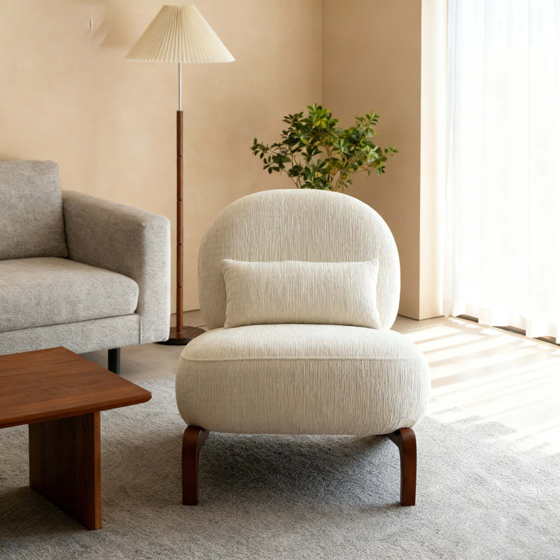 Cute Accent Chair with Solid Wood Legs, Velvet Living Room Chair with Soft Cushion, Cozy Bedroom Chair, Comfy Armless Reading Chair for Apartment, Waiting Room, Balcony (White)