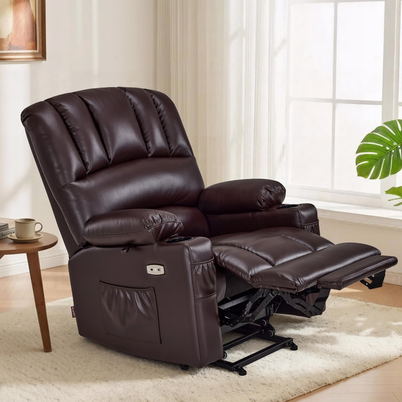 Power Recliner Lift Chair with Heat and Vibration Massage, Faux Leather, Dark Brown